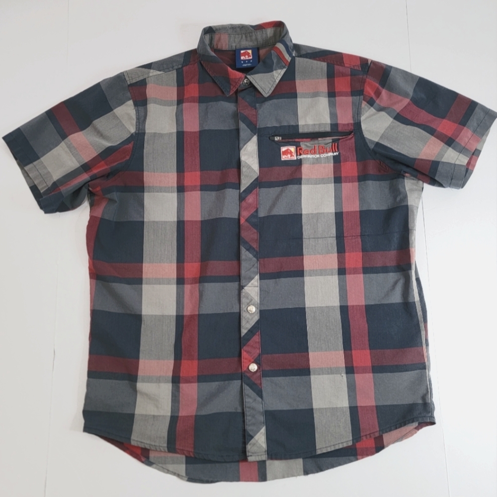 Red Bull Distribution Company Plaid Checkered Full Snap Shirt Size S